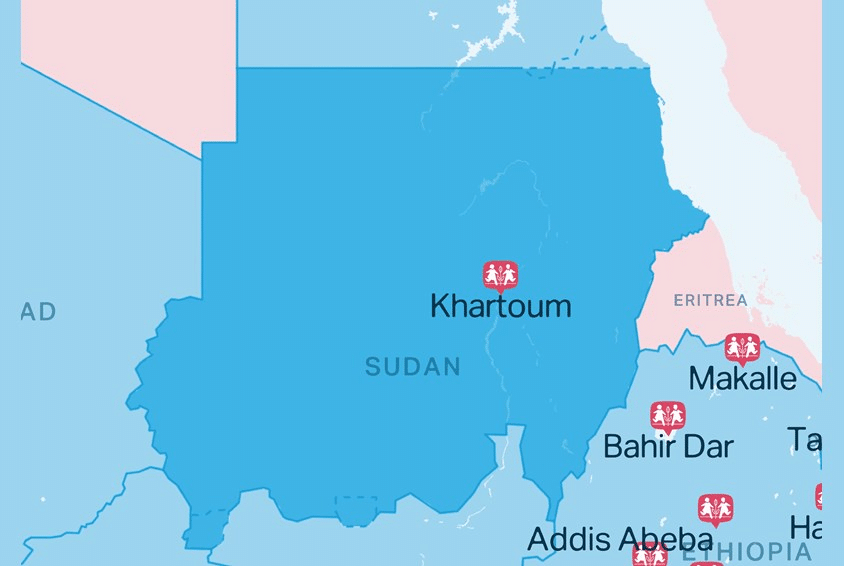 Blått kart som viser hvor SOS-barnebyer har virksomhet i Sudan. 
