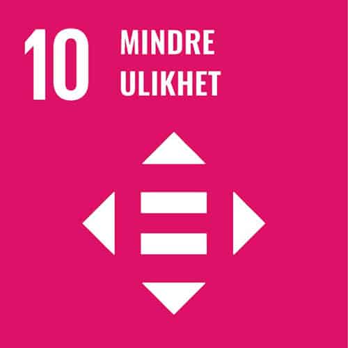 Banner med rosa bakgrunn og hvit skrift. Bærekraftsmål nr. 10: Mindre ulikhet