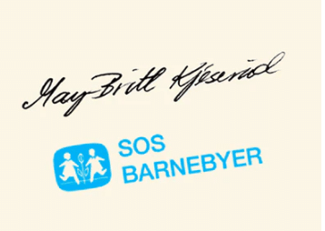 Bilde av May Britt Kjesruds signatur og SOS-barnebyers logo