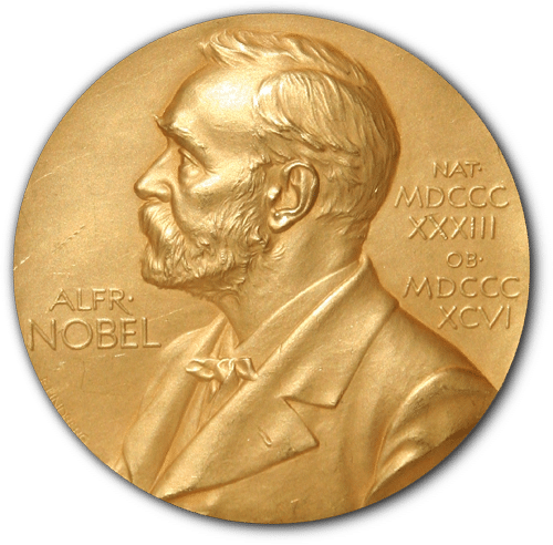 Nobels fredspris - en medalje i gull med bilde av Alfred Nobel.